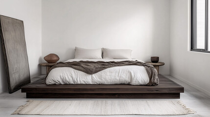Minimalist bedroom with a dark wood platform bed, neutral bedding, and a soft rug underneath. The walls are white with no decorations, emphasizing simplicity