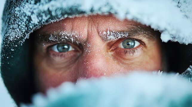 An adventurer's frozen eyes, framed by snow and frost, glance piercingly through a wintry landscape, symbolizing resilience, exploration, and harsh weather endurance.