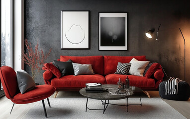 Modern Nordic Living Room with Dark Red Furniture Setup. Generative AI