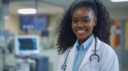 Young black doctor in hospital uniform, smiling, wearing stethoscope. Pro, happy, beautiful, African medical specialist. Empty space for copy. Hospital setting, medical equipment, doctor coat.