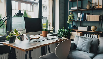 Stylish home office interior with sofa and comfortable workplace