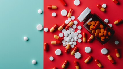 Top view of color background with medicine bottle, scattered pills. Medication, pharmaceuticals arranged in flat lay. Vitamin, antibiotic tablets, capsules visible, with bottle, jar in scene.