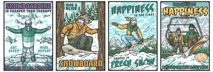 Four colorful illustrations showing people snowboarding down the mountain, riding a ski lift, and having fun on a winter holiday