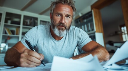 A bearded middle-aged man in a casual t-shirt focused on writing. The setting is a home office with bookshelves, depicting a relaxed yet attentive mood.