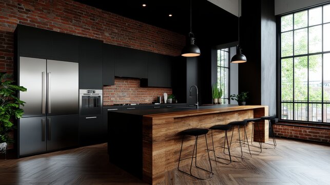 A contemporary kitchen design with a dark color scheme, featuring a wooden island and modern appliances, illuminated by industrial pendant lights by large windows.