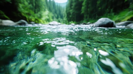 The stunning image depicts a vibrantly colored forest river with crystal-clear water flowing gracefully, surrounded by deep greenery and tall trees in an idyllic setting.