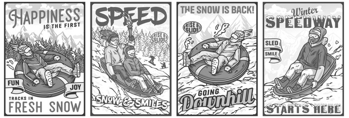 Four colorful illustrations showing happy people enjoying winter activities like snow tubing and sledding down a snowy mountainside © Casoalfonso