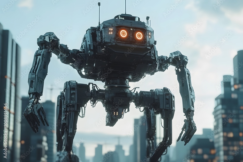 Poster robot in futuristic cityscape, cybernetic design on display.