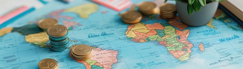 A detailed map showcasing Africa with assorted coins arranged on top, symbolizing travel, investment, and exploration.