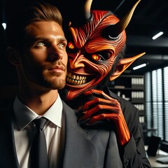 A businessman in a suit. A sinister devil leans in close, whispering a deceitful plan into his ear, tempting him with unethical schemes like fraud, insider trading, and tax evasion. Generative AI