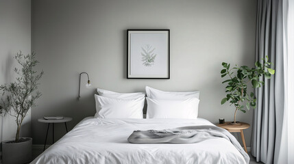 Minimalist bedroom with soft gray walls, one simple framed artwork above the bed, and white bedding. No side tables or extra decor