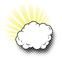 Sun rays shine from behind cloud. Template with copy space for you text. Vector in comic book style on transparent background