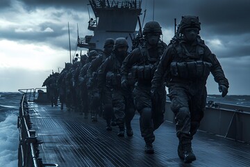 Soldiers marching on a naval vessel under dramatic clouds