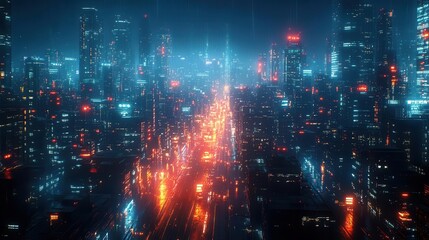 Fototapeta premium futuristic cityscape with glowing data streams and holographic interfaces showcasing the integration of ai technology in business environments under a cyberpunk night sky