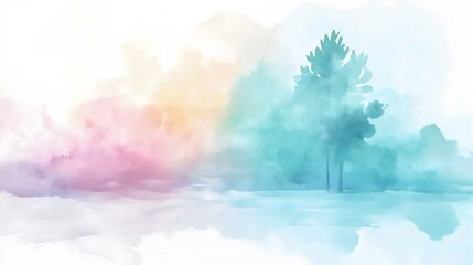 Naklejka premium Soft Watercolor Landscape with Trees and Gradient Sky in Pastel Tones_6