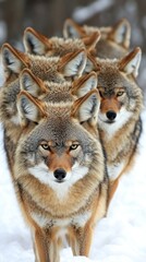 Obraz premium A group of coyotes stands in a snowy landscape, showcasing their striking features and fur patterns.