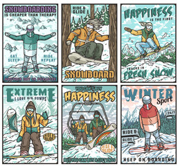 Obraz premium Set of six vintage posters with snowboarders enjoying winter activities, riding on snowboards and using a ski lift on snowy mountain slopes