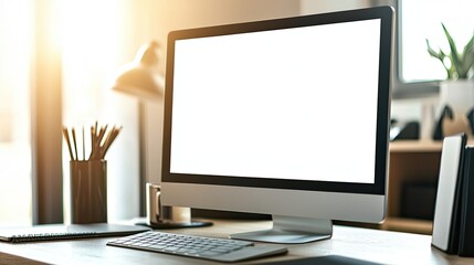 Fototapeta premium Close-up of a blank white screen computer monitor on a desk with office supplies in a minimalist home work space, front view, mockup template, soft blurred background, copy space concep