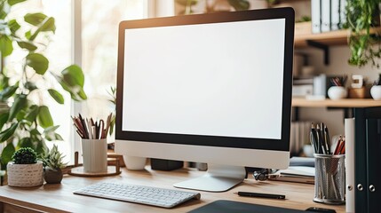 Fototapeta premium Close-up of a blank white screen computer monitor on a desk with office supplies in a minimalist home work space, front view, mockup template, soft blurred background, copy space concep