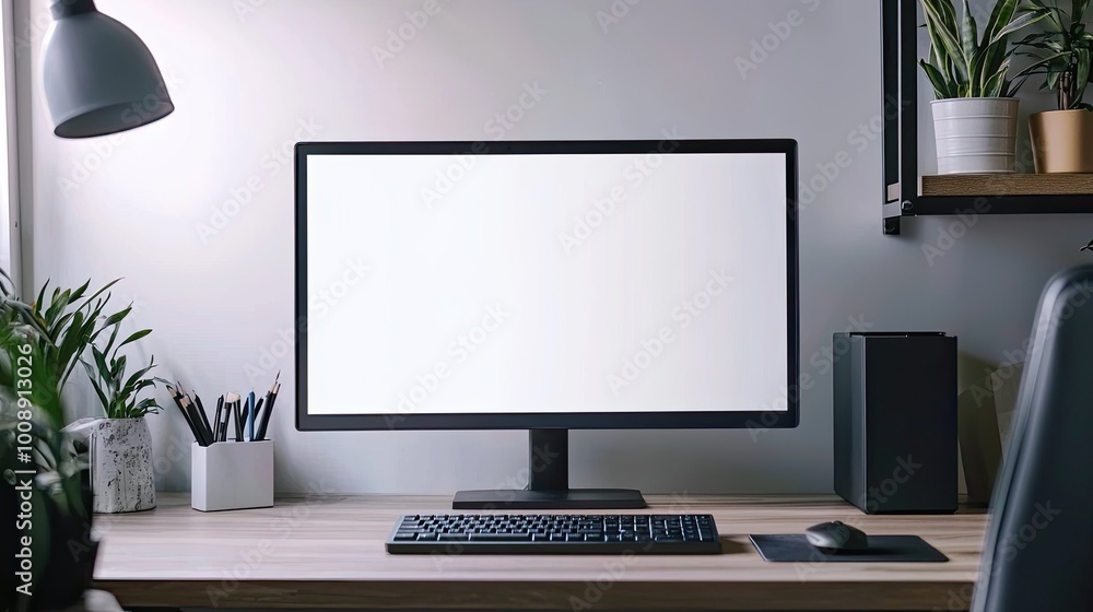 Poster computer with a blank white screen on a desk in a modern office room, a mockup for artwork or text d