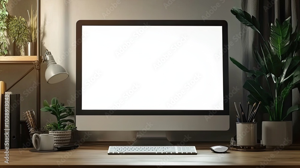Fototapete computer with a blank white screen on a desk in a modern office room, a mockup for artwork or text d