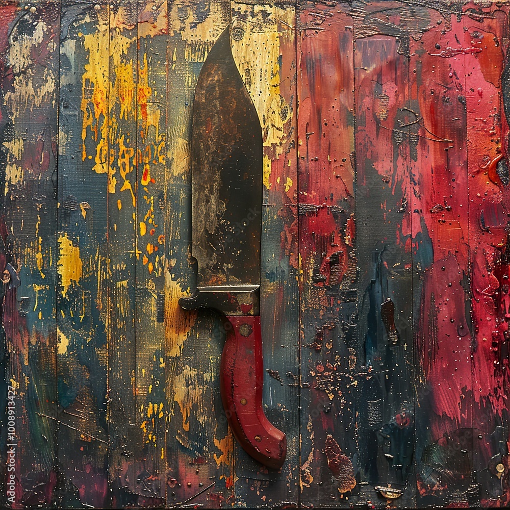 Poster Rusty Knife on a Colorful Wooden Background