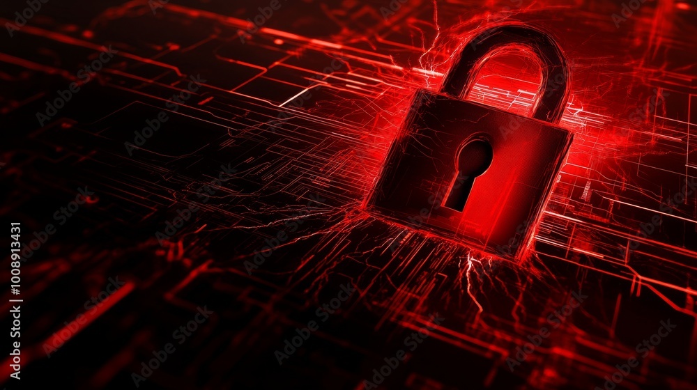 Poster cybersecurity attack alert, red broken padlock with glowing lines in background. system hacked, symb
