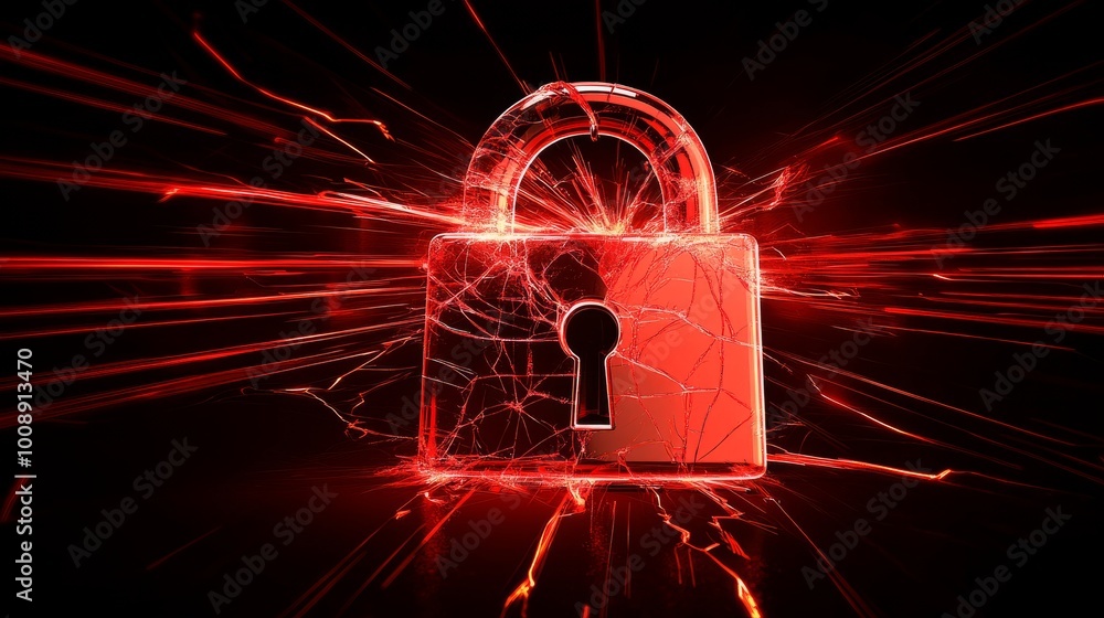 Aufkleber cybersecurity attack alert, red broken padlock with glowing lines in background. system hacked, symb