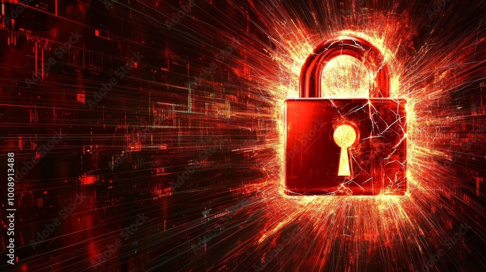 Poster cybersecurity attack alert, red broken padlock with glowing lines in background. system hacked, symb