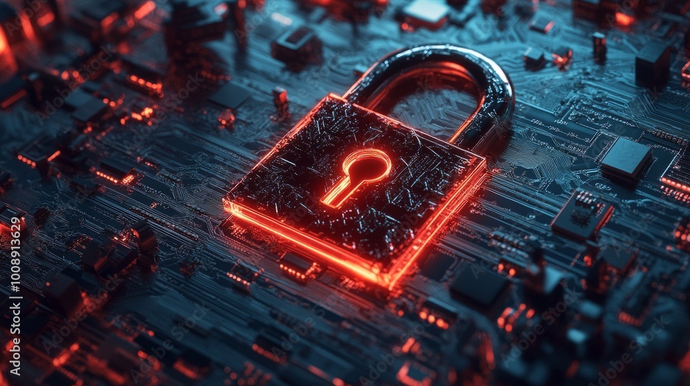 Poster Hacker attack alert with a red broken padlock, digital interface representing system vulnerability. Security breach and online danger concept.