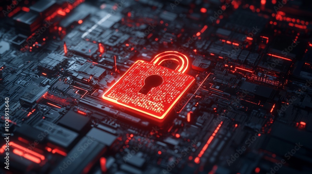 Poster Hacker attack alert with a red broken padlock, digital interface representing system vulnerability. Security breach and online danger concept.