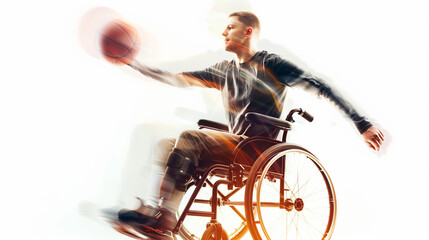 Wheelchair-bound man playing basketball with a ball, showing motion blur. Isolated against a white backdrop.