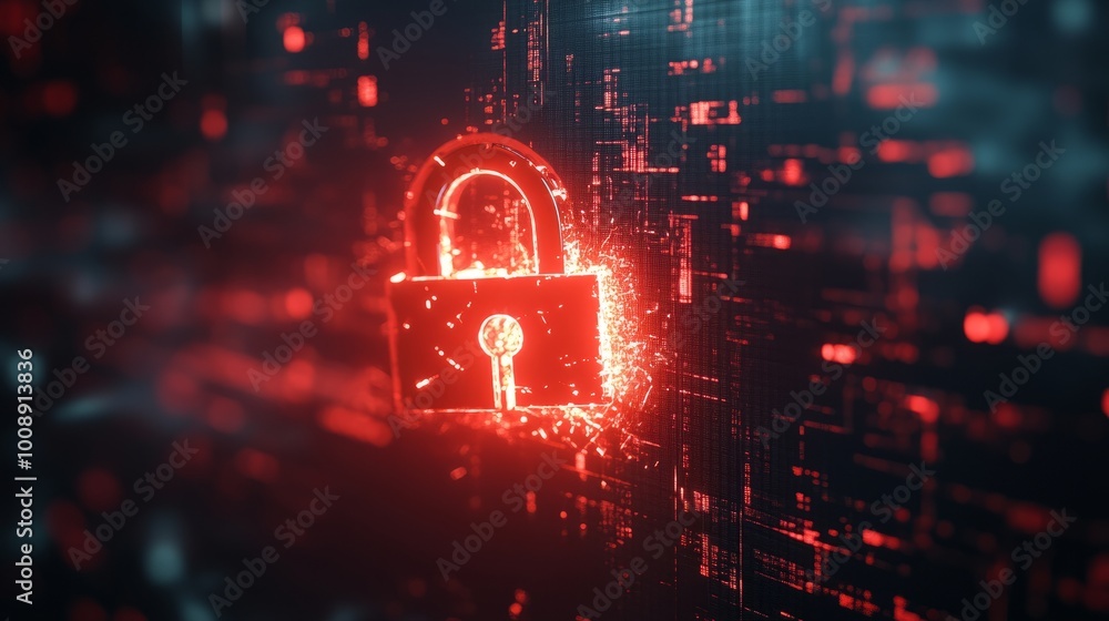 Poster hacker attack and security breach represented by a red broken padlock, glowing against a digital mat