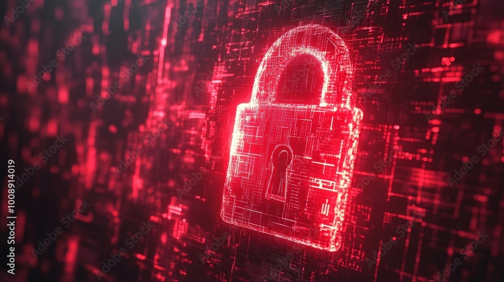 Poster Hacker attack concept showing a red broken padlock on a screen, symbolizing a system breach. Digital matrix background and cybersecurity alert