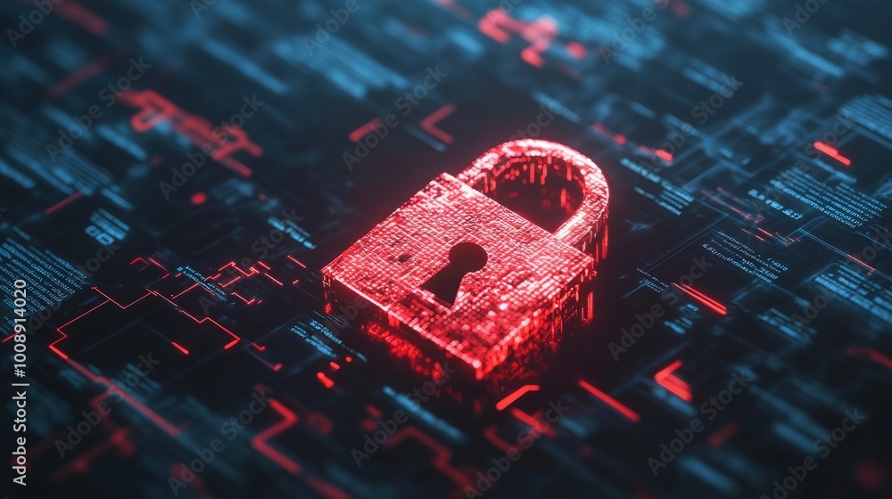 Poster Hacker attack concept showing a red broken padlock on a screen, symbolizing a system breach. Digital matrix background and cybersecurity alert