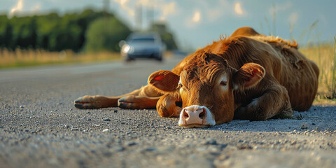 Close-up of a cow lying on the road