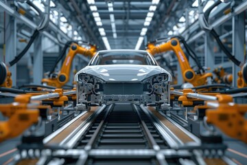 Fototapeta premium Automated robot arm assembly line for electric vehicle manufacturing.