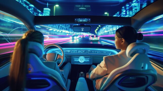 Woman sits inside self-driving car with futuristic dashboard, interface. Car artificial intelligence autopilot system navigates through city traffic network. Holographic display shows route,