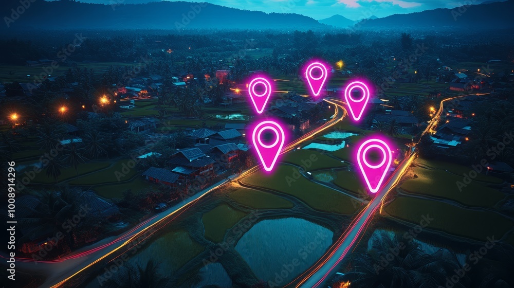 Poster aerial shot of a landscape with neon lit pins or pointers on top of it, global positioning system or