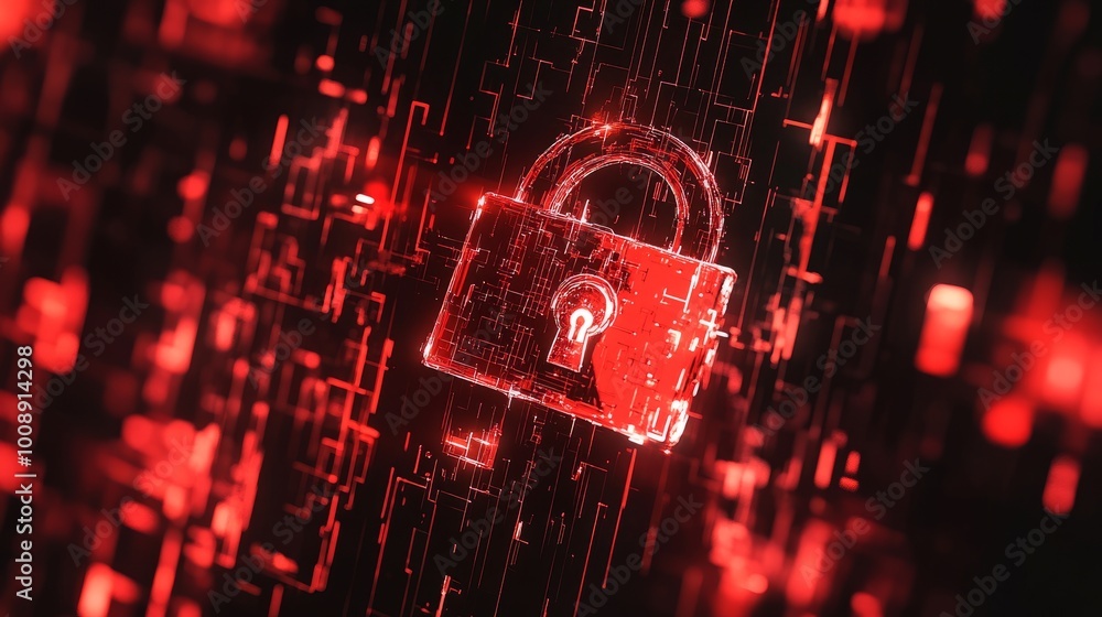 Poster Hacker attack concept with a red broken padlock and a matrix-like digital background. Symbol of security breach and internet vulnerability.
