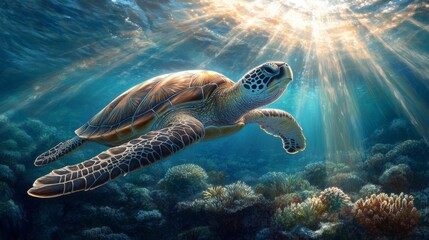 Fototapeta premium Graceful Sea Turtle Swimming in Clear Ocean Waters