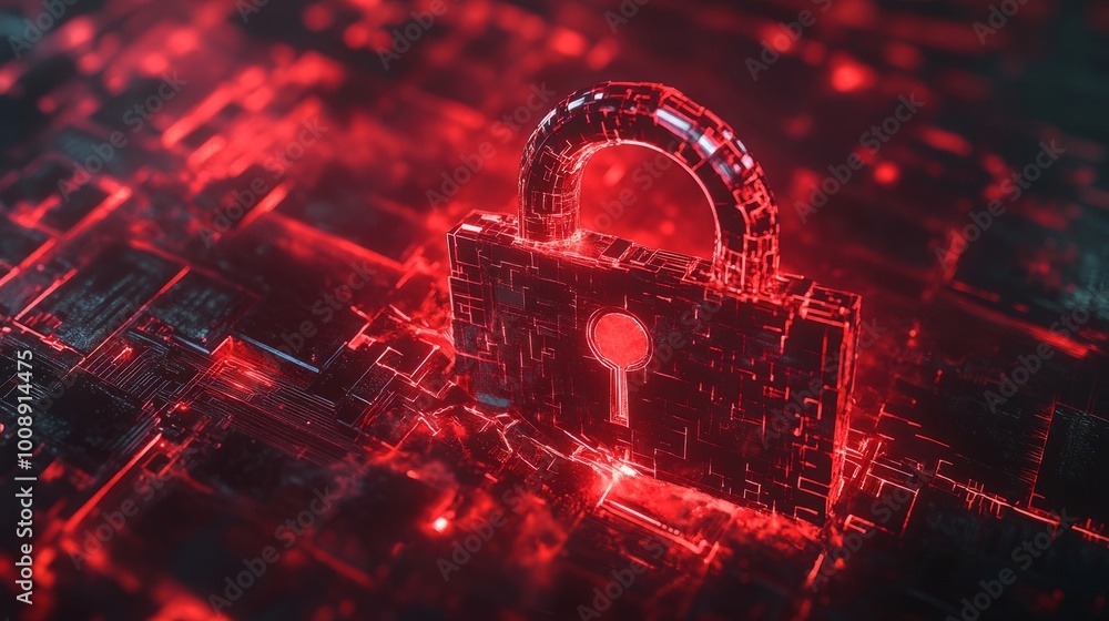 Poster Hacker attack concept with a red broken padlock and a matrix-like digital background. Symbol of security breach and internet vulnerability.