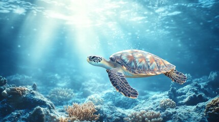 Fototapeta premium Graceful Sea Turtle Swimming in Crystal Clear Ocean