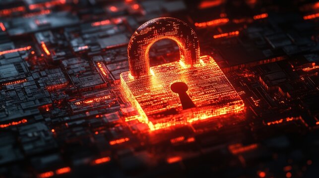 Hacker attack visual with a glowing red broken padlock and binary code. Concept for system hack, cybersecurity breach, and online threat