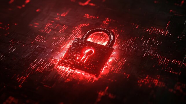 Hacker attack visual with a glowing red broken padlock and binary code. Concept for system hack, cybersecurity breach, and online threat