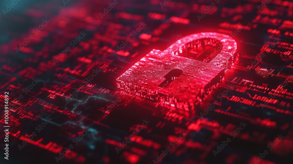 Poster Red broken padlock on a digital screen, symbolizing a hacker attack. Cybersecurity concept with binary code background and warning alerts.