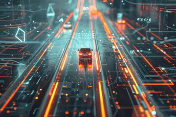 Obraz premium Future road technology with data transfer for traffic analytics.