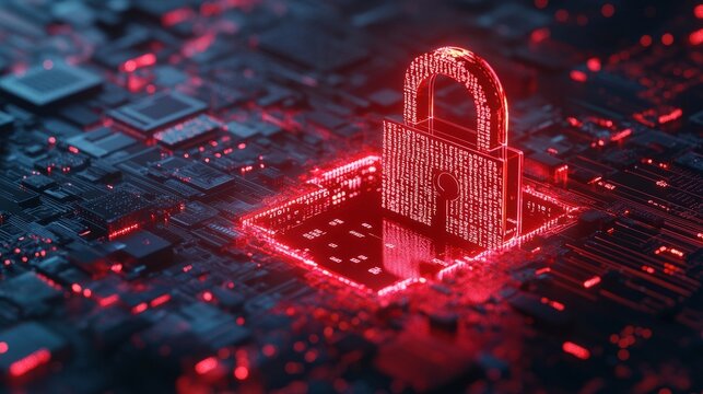 Hacker attack visual with a glowing red broken padlock and binary code. Concept for system hack, cybersecurity breach, and online threat