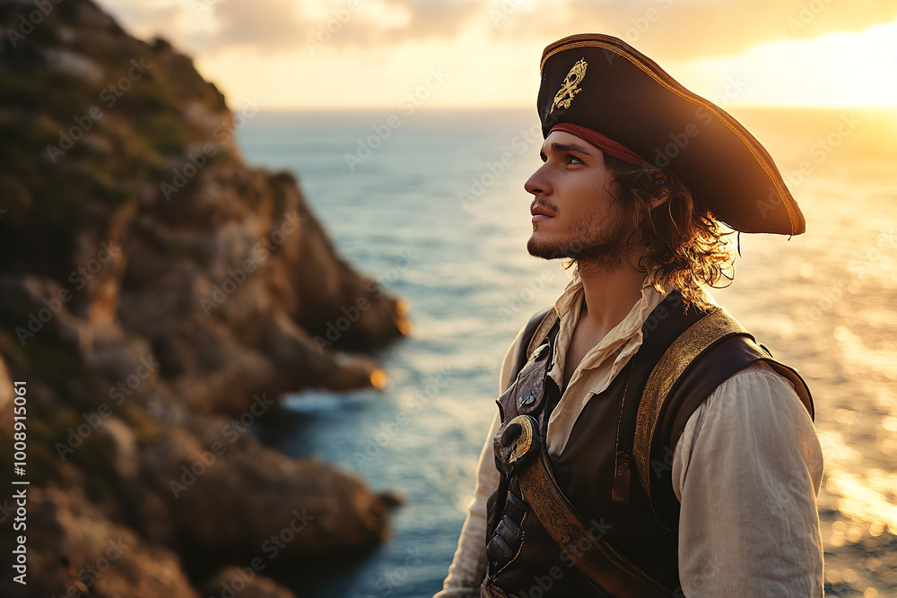 Canvas Prints Young Pirate Gazing at Sunrise from Coastal Cliffs  