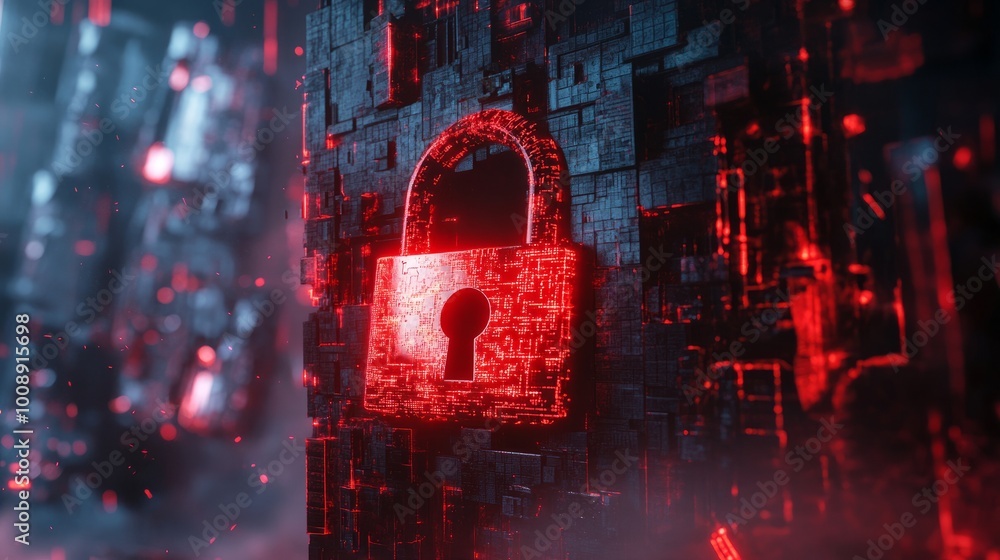 Poster red broken padlock representing a cyber attack, digital screen showing warning signs. system hacked,